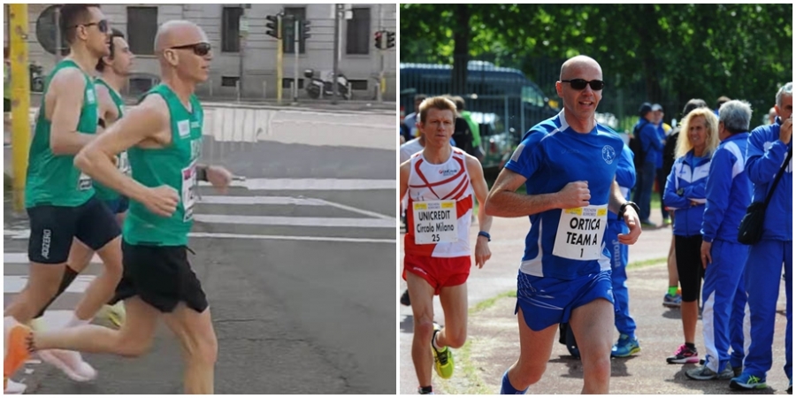 A sinistra, durante la maratona; a destra, foto con la vecchia maglia, in una gara &quot;storica&quot;