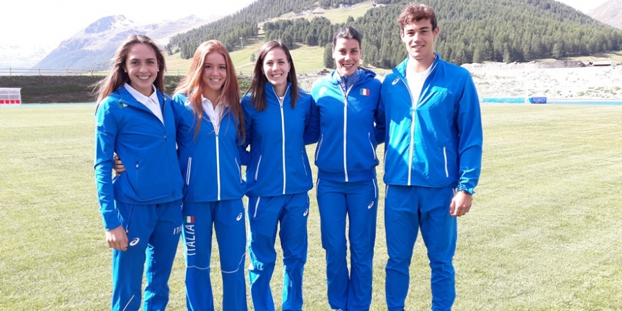 un gruppo di atleti delle prove multiple, da sinistra: Sveva Gerevini, Sofia Montagna, Federica Palumbo, Entica Cipolloni , Dario Dester  