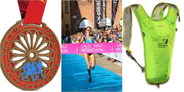 A sinistra e a destra: medaglia e zainetto 2021. Al centro: Valeria Roffino, vincitrice edizione 2019