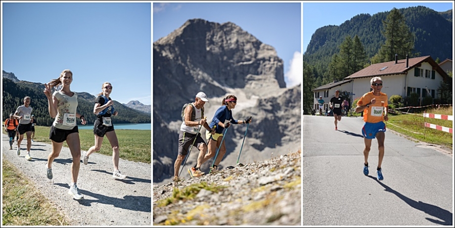 Foto varie, da sinistra un tratto sul lago della Sommerlauf; passaggio del Free Fall Vertical; Fabio Caldiroli in azione alla Pontresina Run