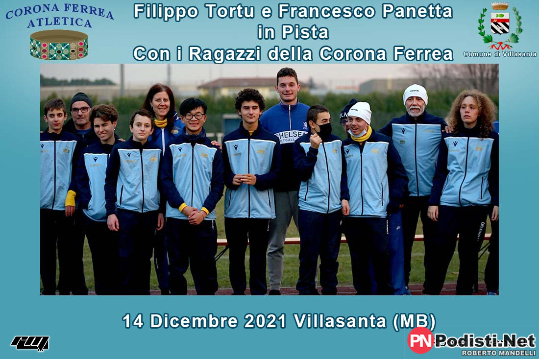 14.12.2021 Villasanta (MB) – Filippo Tortu e Francesco Panetta in pista coi ragazzi della Corona Ferrea